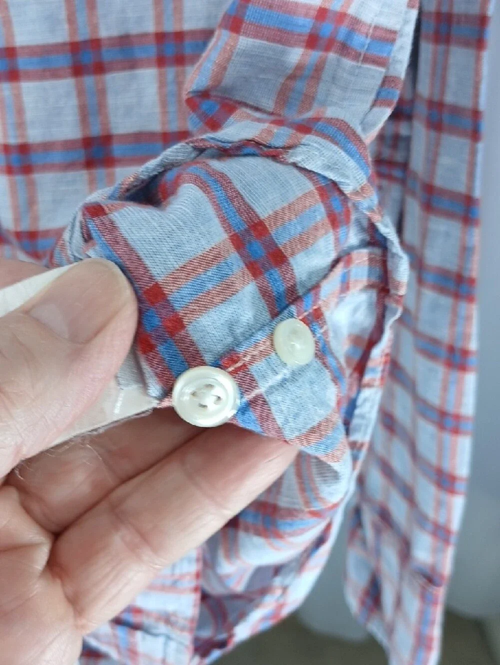 J. Crew Men’s Light Blue and Red Plaid Button-Down linen + cotton Shirt